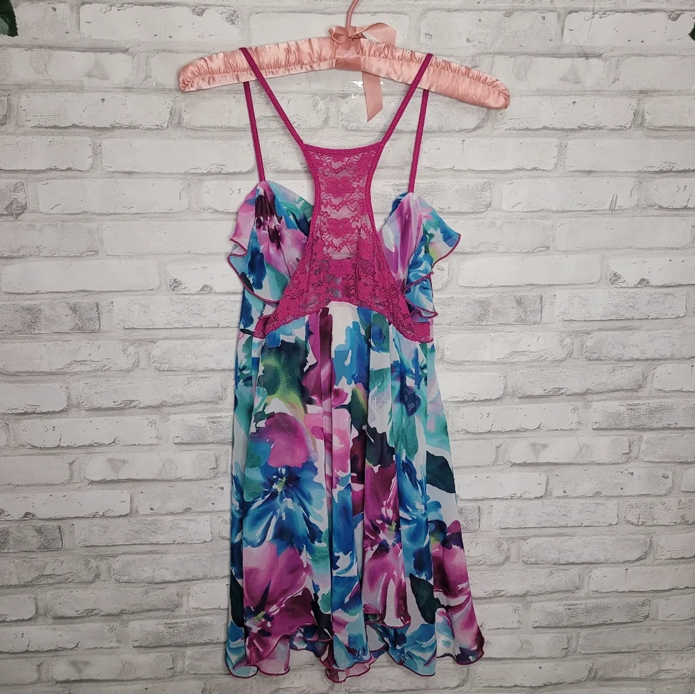 In bloom Purple Blue Floral Sheer Ruffle Nightgown